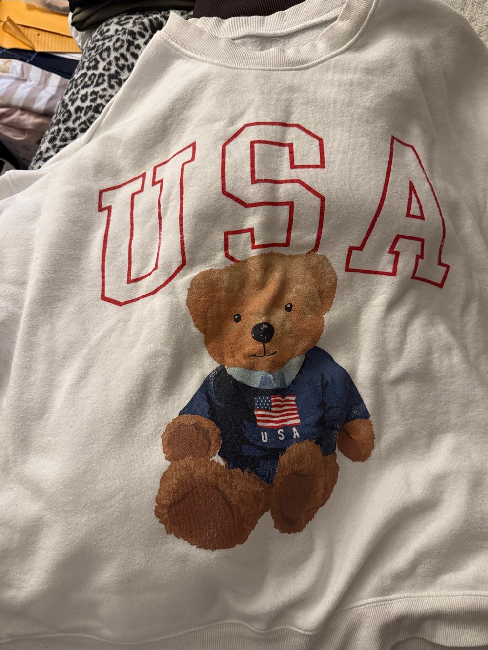 Grayson Threads Cream Sweatshirt with Red USA Lettering and Brown Teddy